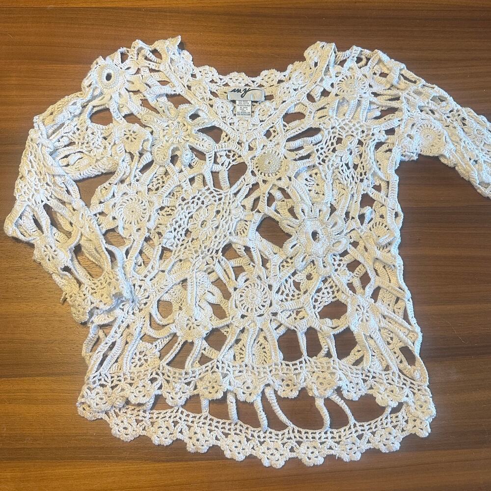 Cream‎ Beaded Crochet Lace Sweater, Boho Chic, Coastal Cowgirl, Granny, One Size